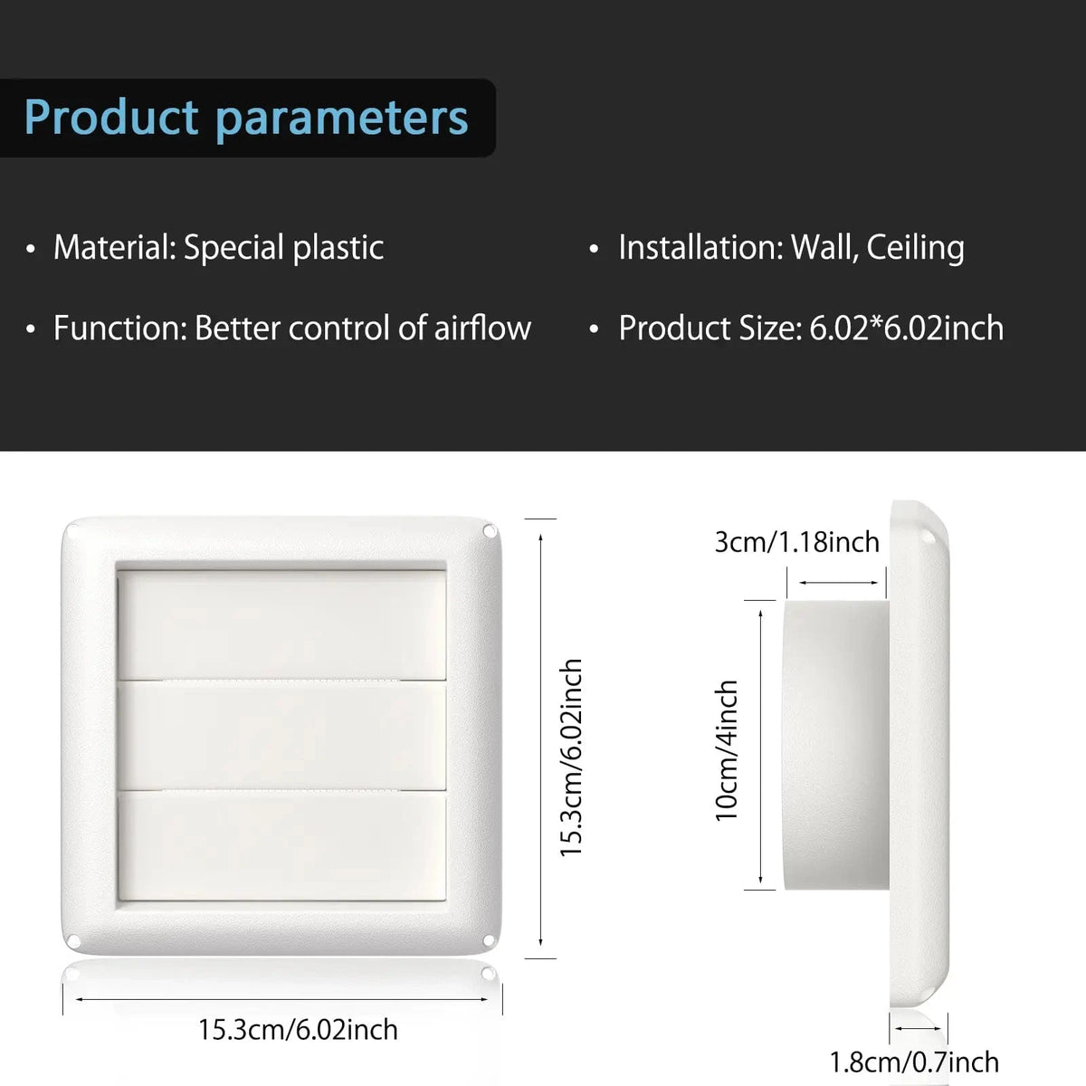 Diagram showing the 4-inch square vent cover dimensions, highlighting the 4-inch opening and overall size. Includes side view detailing louver and mesh screen.