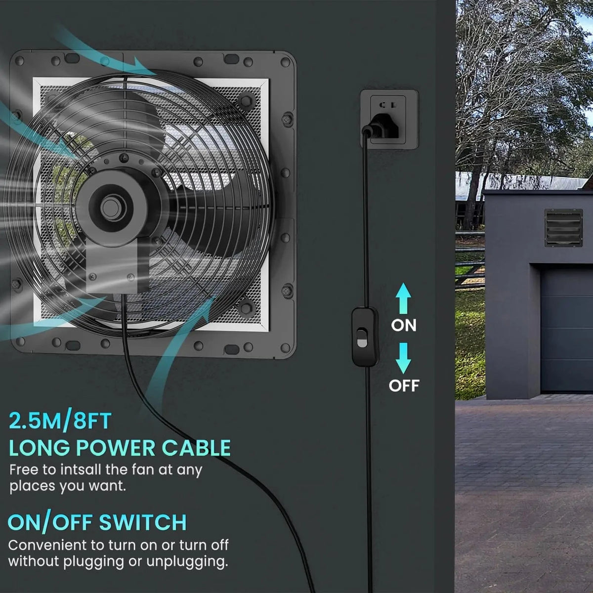 HONGUAN 10-inch exhaust fan with ON/OFF switch button and 8-foot power cord for easy installation and operation.