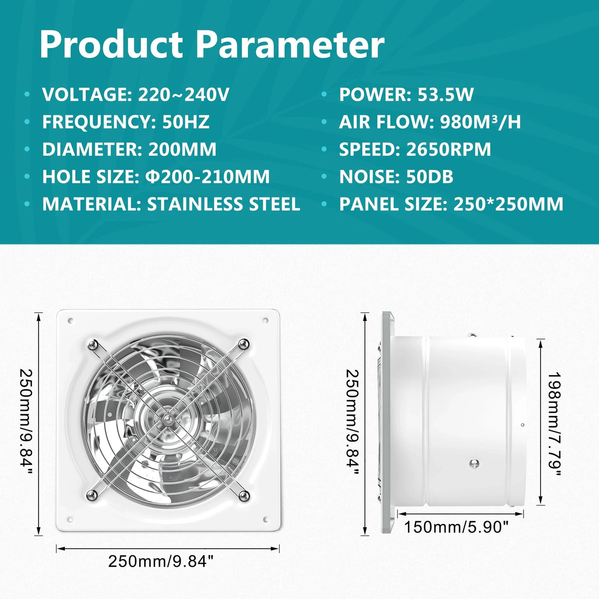 Technical specifications of HONGUAN 8-inch bathroom exhaust fan, including 576 CFM airflow, adjustable speed control, and durable stainless steel construction.