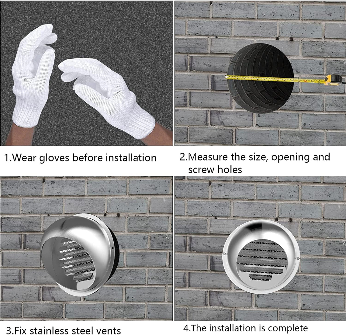 Installation steps for 4 inch stainless steel air vent covers, showing insertion into a duct.