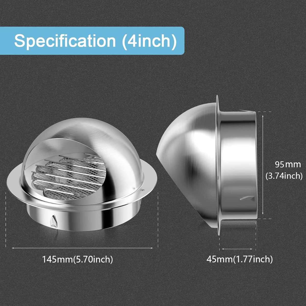 Diagram showing the 4-inch air vent cover dimensions, including a 95mm outer diameter and details of the mesh screen.
