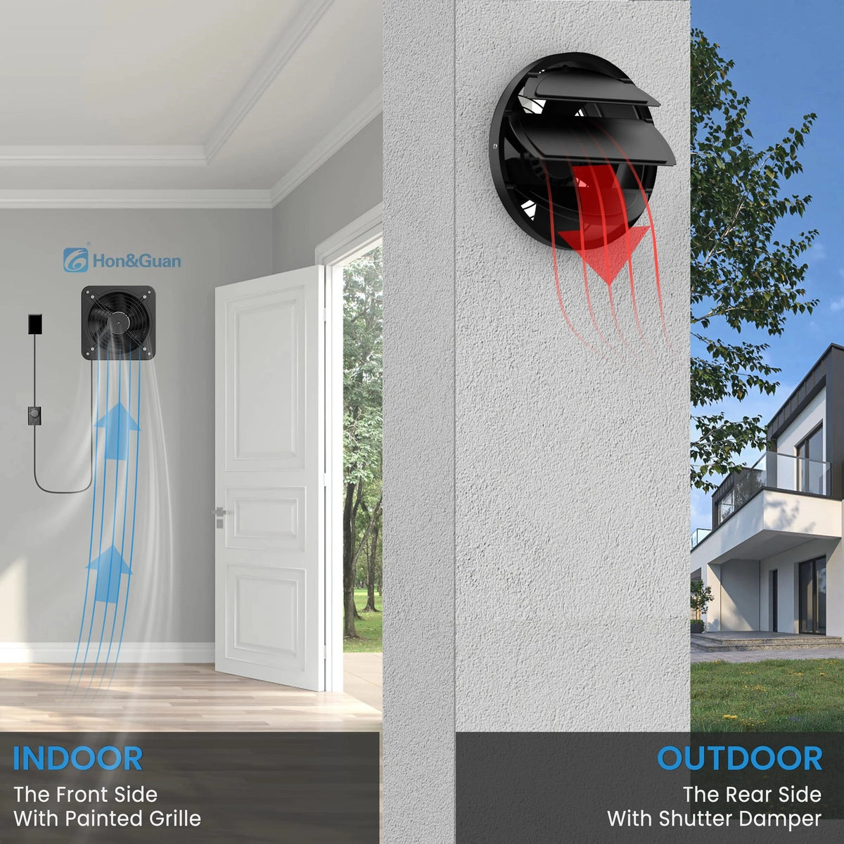 Wall-mounted exhaust fan for garage ventilation, showing 250mm fan installed for effective airflow and odor removal