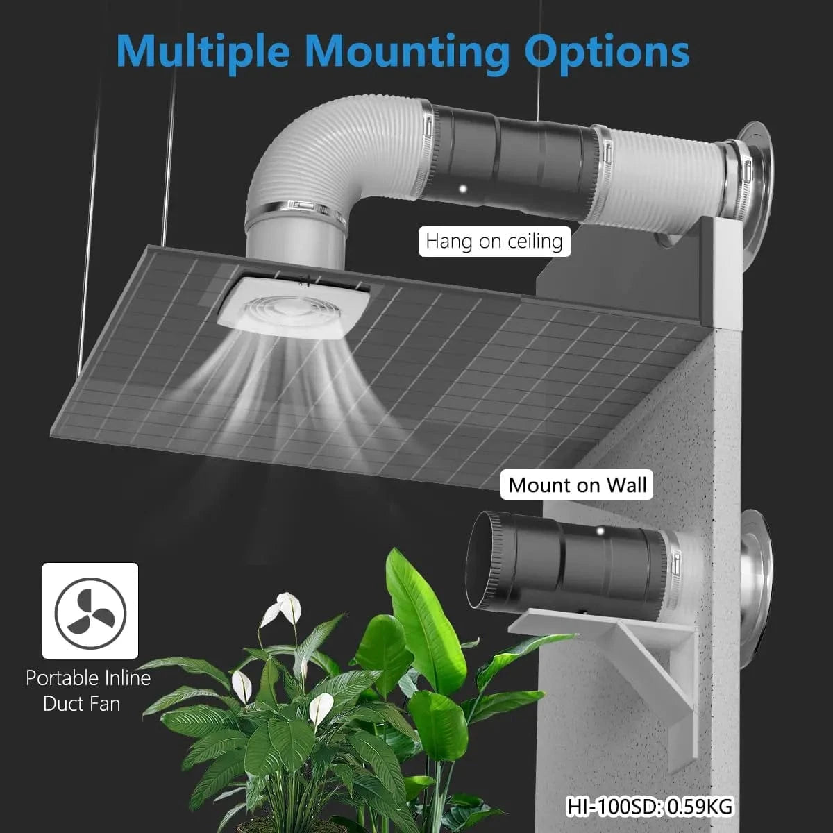 Inline duct fan connected with flexible aluminum duct and vent grille for versatile HVAC installation options