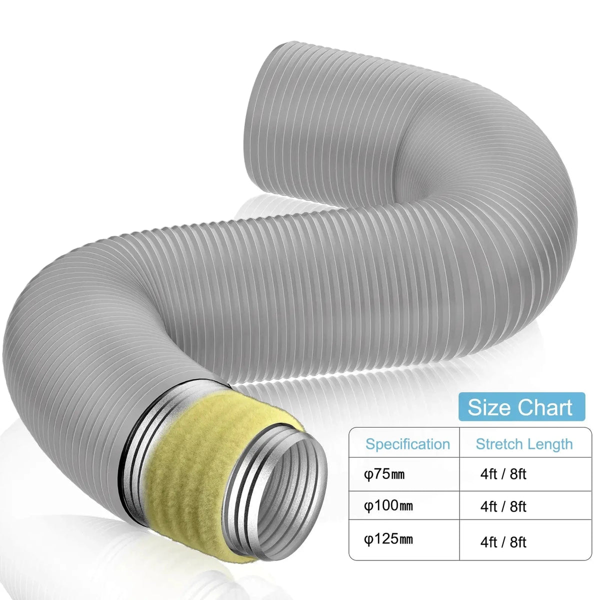 Insulated Flexible Air Duct Size Chart – Available in 75mm, 100mm, 125mm Diameters and 4ft, 8ft Lengths for HVAC Ventilation Systems
