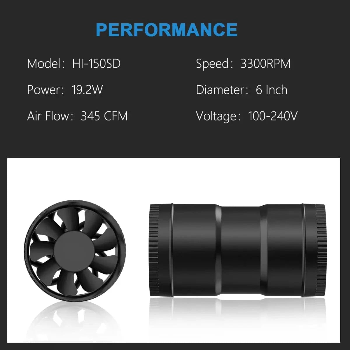 Duct Booster Fan Specifications – Model H-150SD, 6 Inch Diameter, 345 CFM Airflow, 19.2W Power, 3300 RPM Speed, 100–240V Voltage
