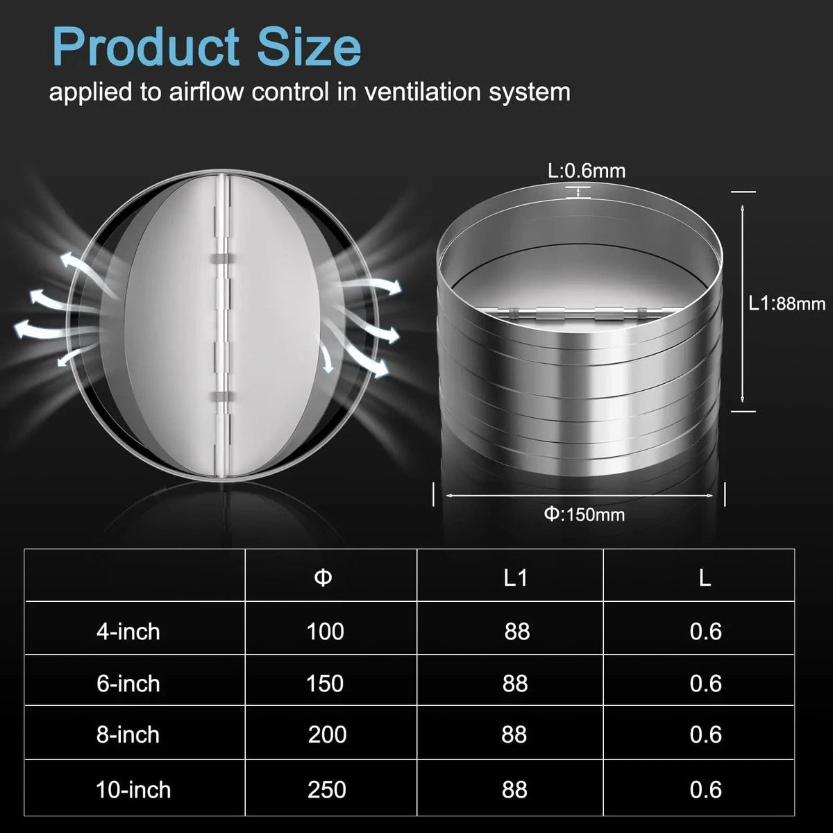 The HONGUAN backdraft damper is available in various sizes, including 4, 6, 8, and 10 inches.