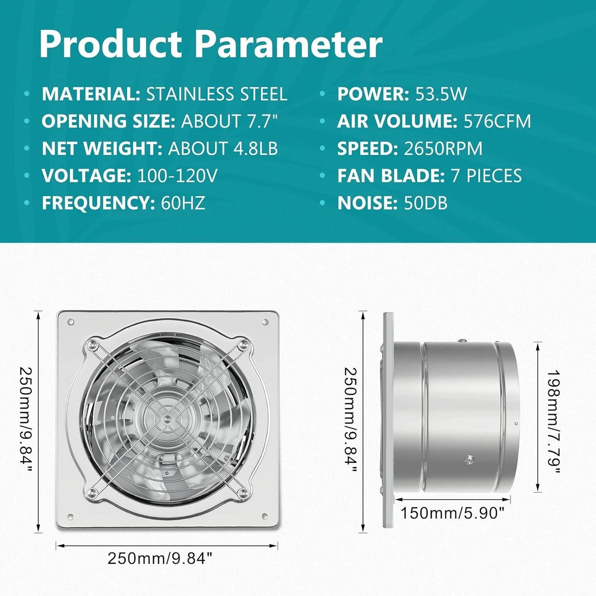 Specifications of HONGUAN 8-inch bathroom exhaust fan, featuring 576 CFM airflow, 53.5W power consumption, and stainless steel construction.