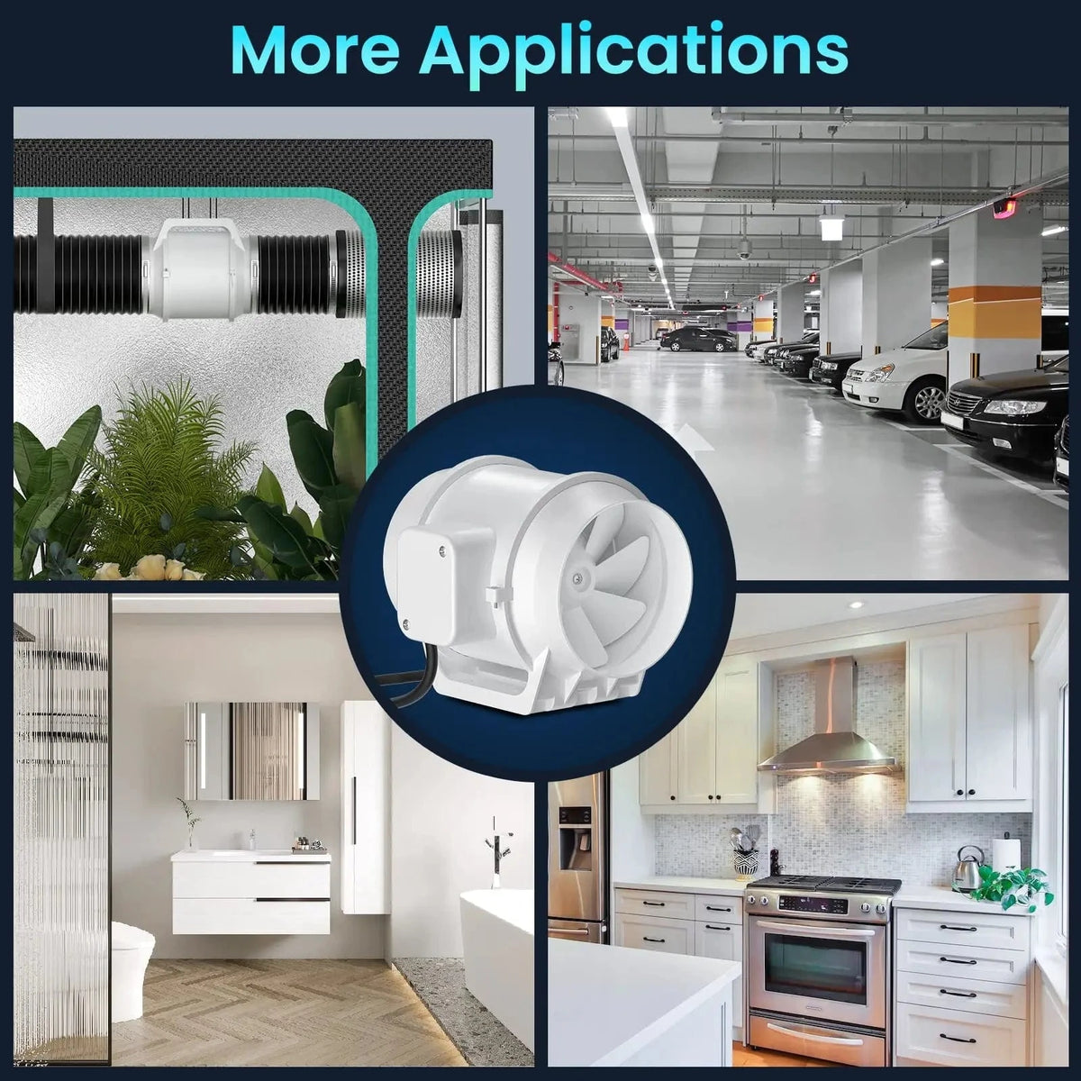 Inline duct fan used for ventilation in hydroponics, basements, workbenches, and 3D printing setups