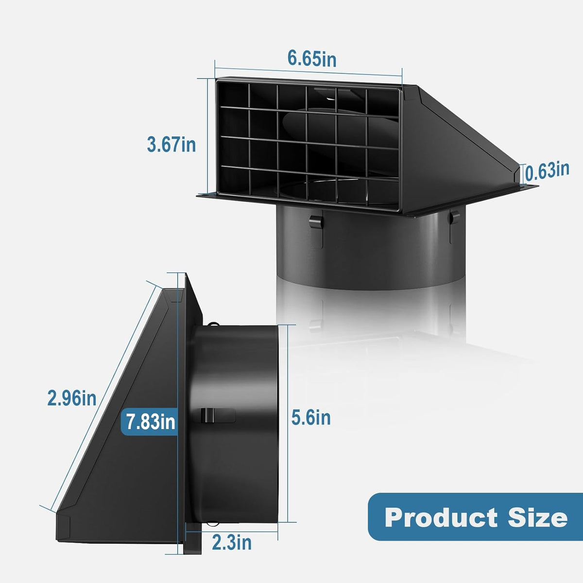 Dimensions of the 6-inch metal dryer vent cover showing panel size, opening diameter, and thickness for precise fitting.