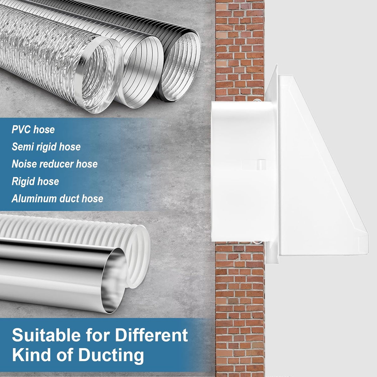 To ensure proper ventilation, a 10-foot dryer vent hose can be connected to a 6 inch dryer exterior vent cover mounted on the house.