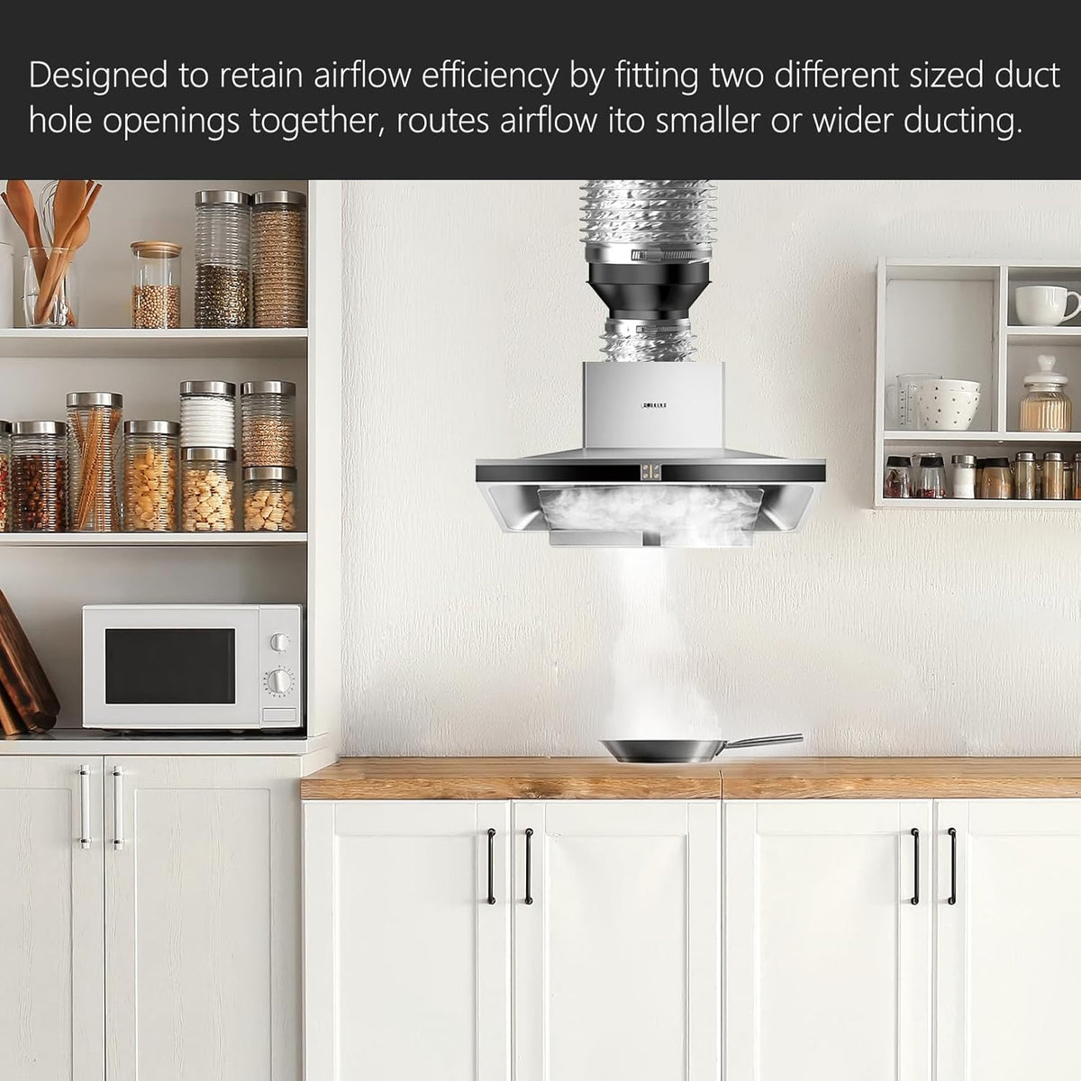 Designed to retain airflow efficiency by fitting two different sized duct hole openings together, routes airflow ito smaller or wider ducting