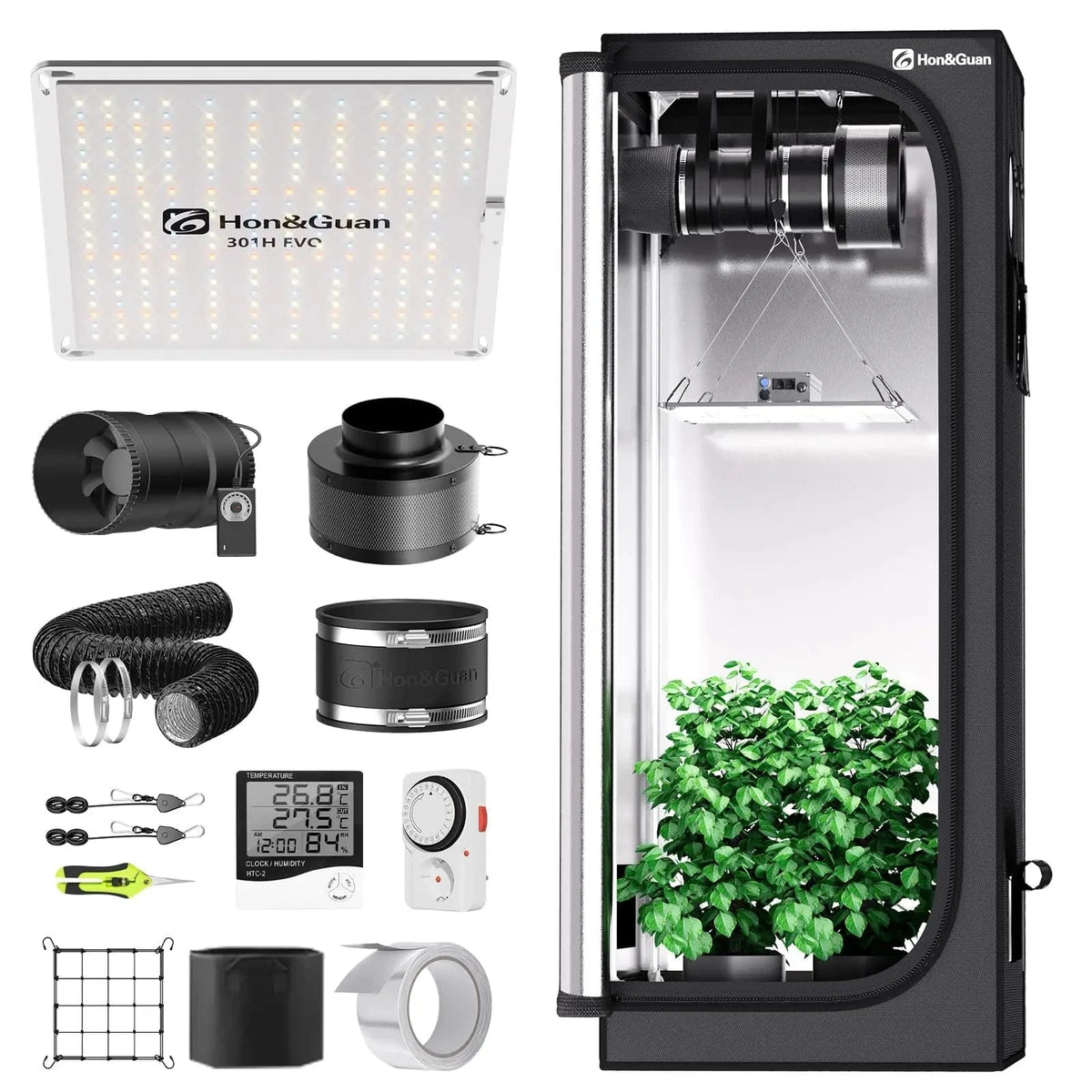 Grow Tent Kit Main Image – Complete Indoor Hydroponics Set with 60x60x160 cm Tent, HG1000 LED Grow Light, 150mm Inline Fan, and Carbon Filter
