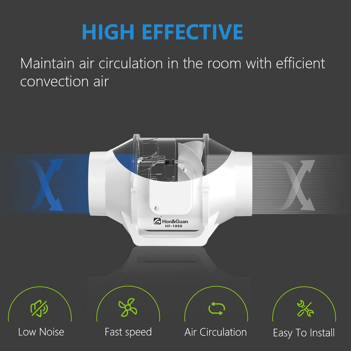 High efficiency performance of the HONGUAN 4 Inch Duct Fan, delivering 100 CFM airflow for optimized ventilation in bathrooms, kitchens, and grow tents.