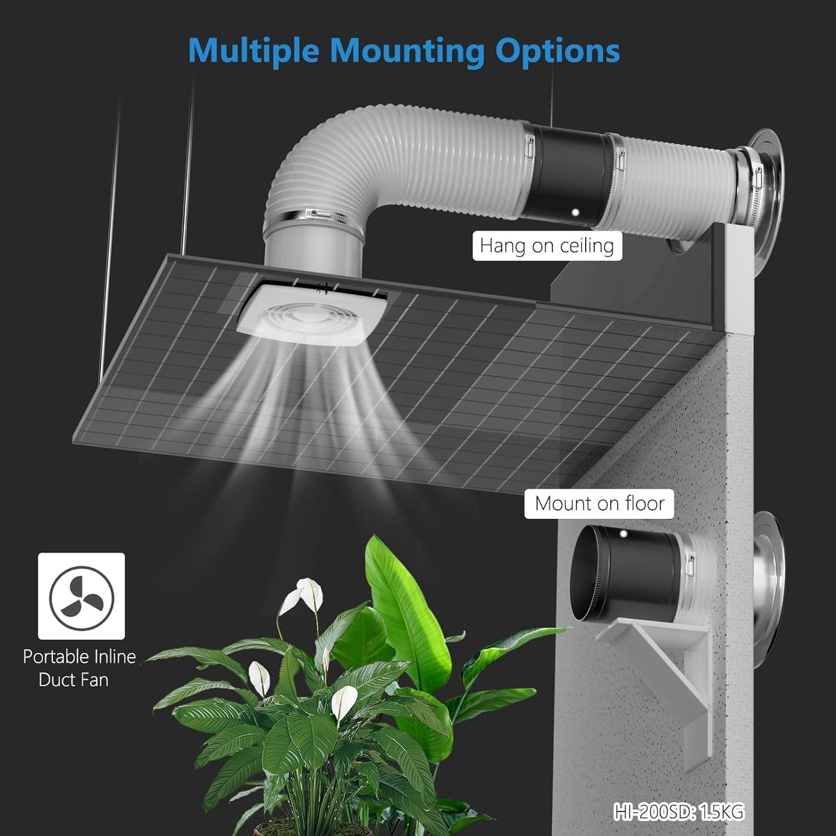 HONGUAN 8-inch duct fan with a modern, durable construction ideal for grow rooms, workshops, bathrooms, and HVAC systems.