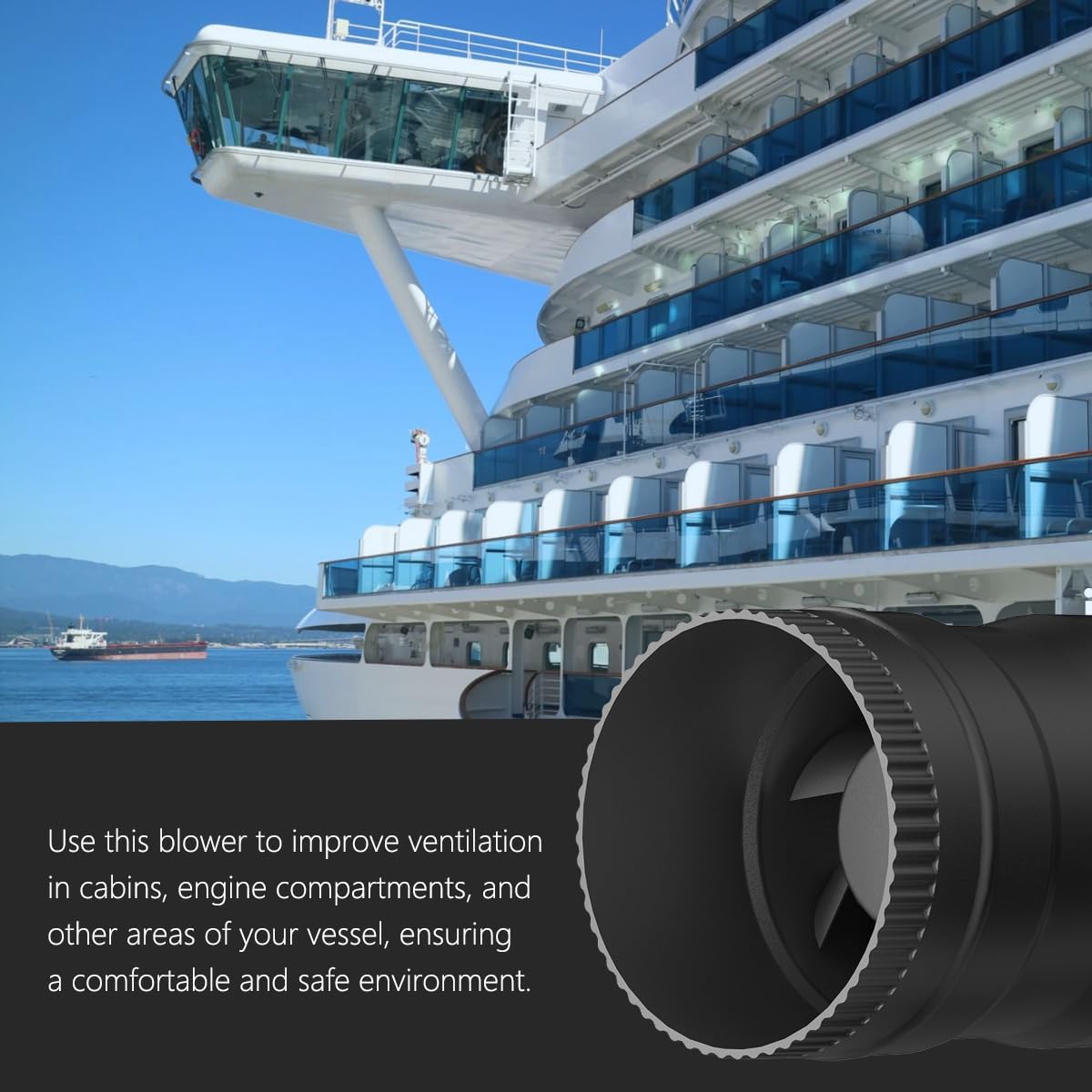 3-inch duct booster fan for marine ventilation, ideal for engine rooms, bilges, and galleys on boats.
