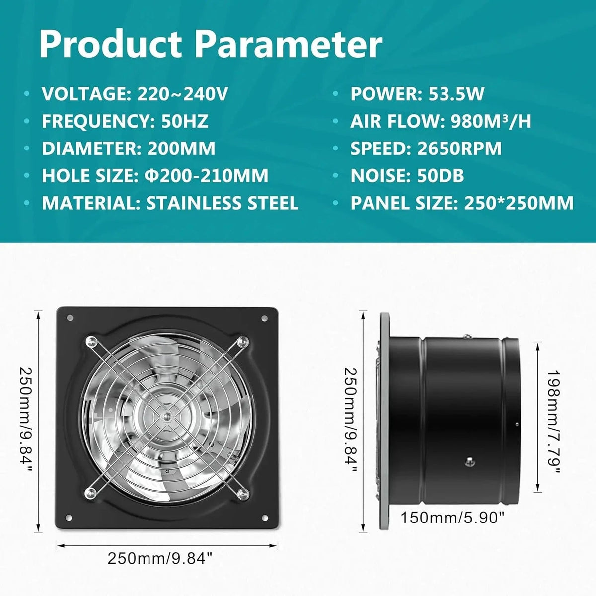 Kitchen Exhaust Fan Specifications – 220-240V Voltage, 200mm Diameter, 53.5W Power, 980 m³/h Airflow, 2650 RPM Speed