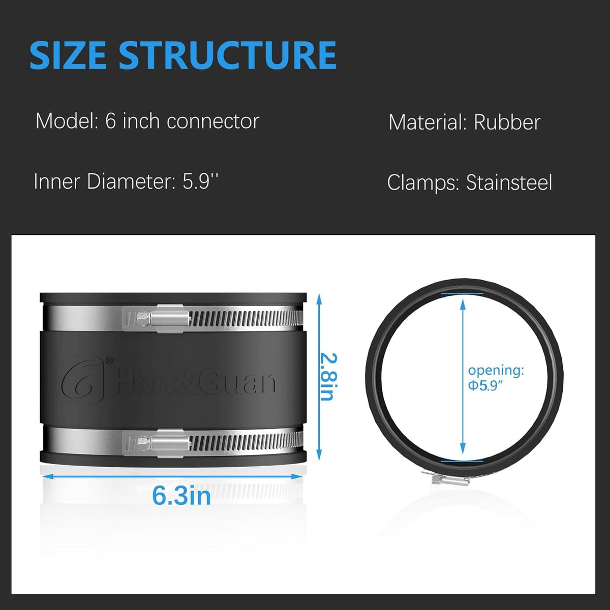 Dust Collection Fittings 6 Inch Connector Specifications – 5.9'' Inner Diameter Rubber Body with Stainless Steel Clamps