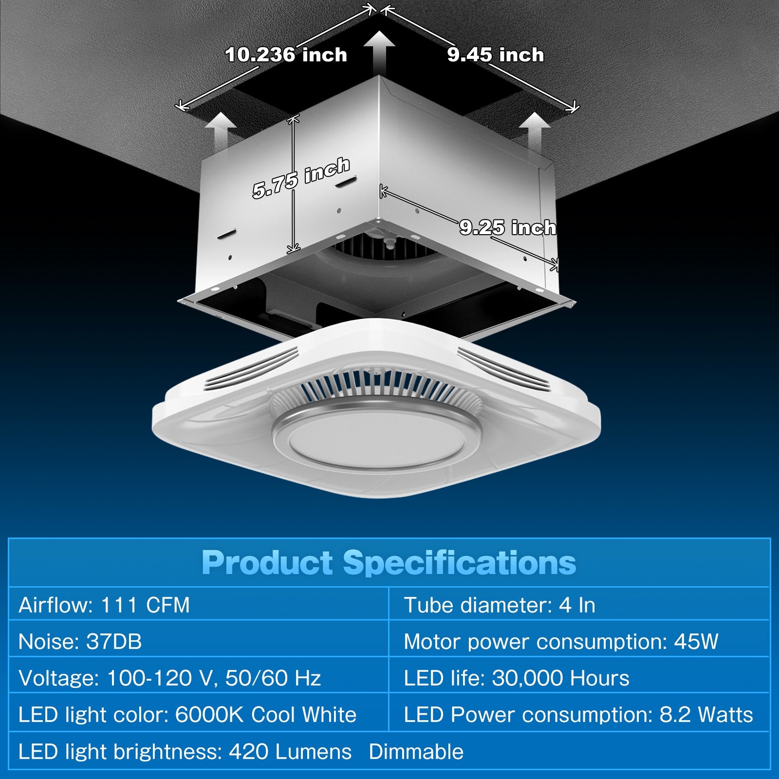 Bathroom Exhaust Fan with Light, 111 CFM Ventilation Fan with 6000K Cool White LED Light for Home, 45 Watts & 1.5 Sones