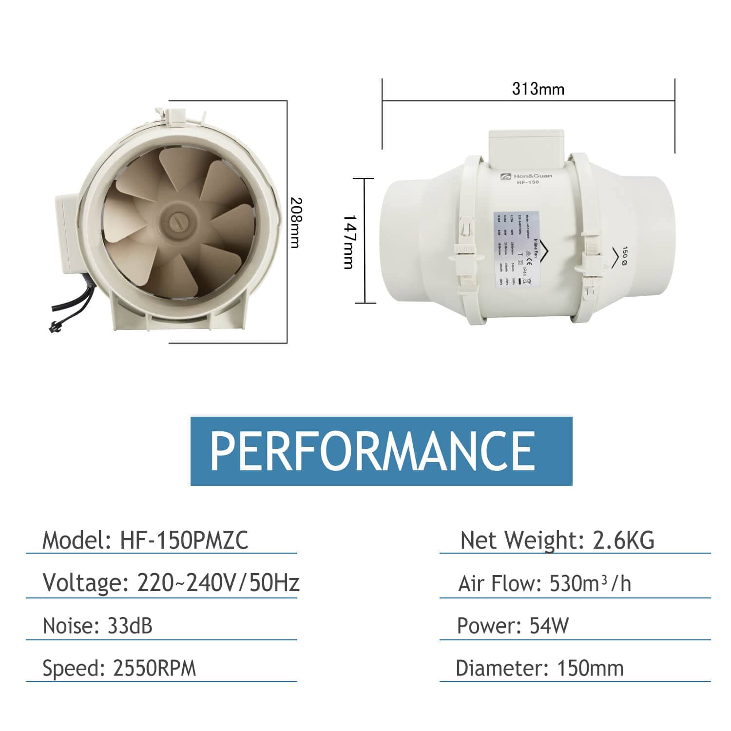 6 Inch Inline Duct Fan with Wired Smart Controller 311 CFM