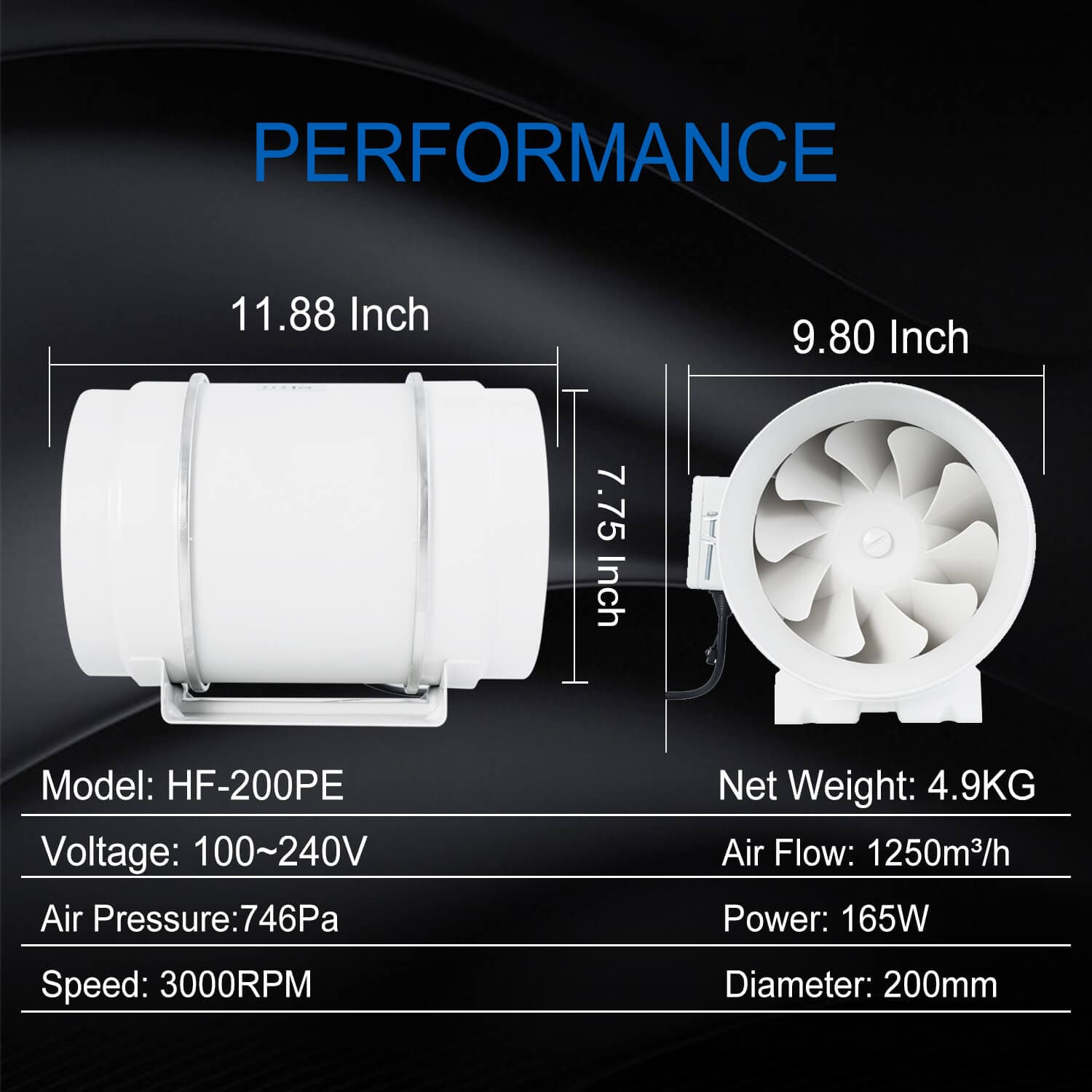 Inline Duct Fan with Variable Speed Controller 8 Inch